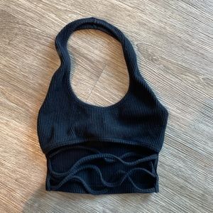 tiger mist black halter crop with crossover in front